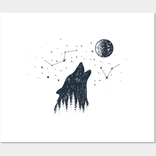 Inspirational Illustration With Wolf, Moon, Stars And Forest In Double Exposure Style Posters and Art